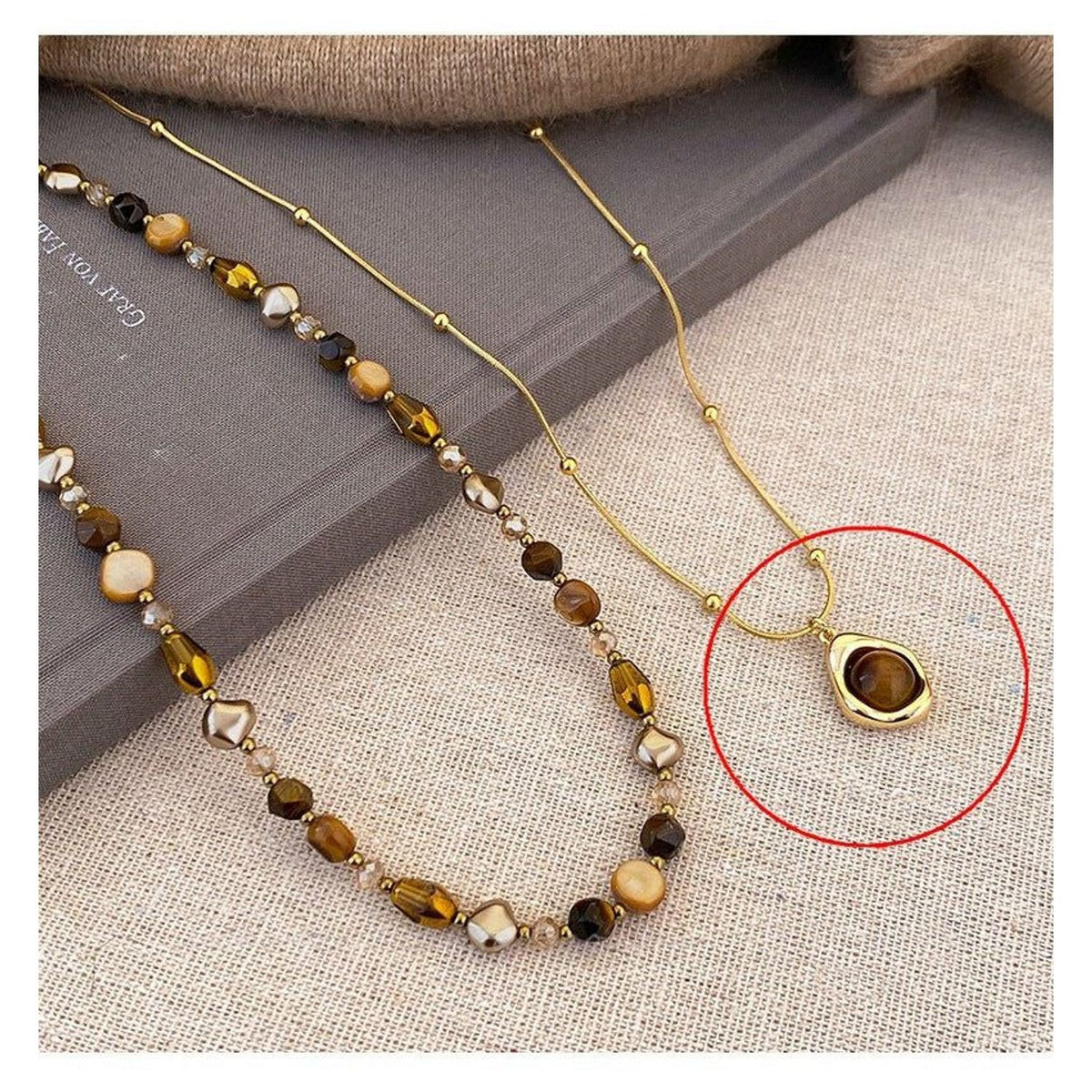 Natural Tiger Eye Stone Beaded Layered Necklace - Gold Necklace Women Styling Gold Chain Accent