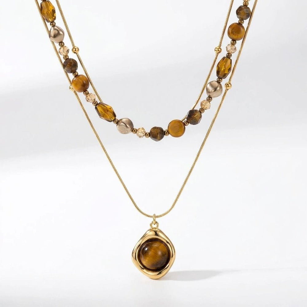 Natural Tiger Eye Stone Beaded Layered Necklace - Gold Necklace Women Styling Gold Chain Accent