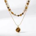 Natural Tiger Eye Stone Beaded Layered Necklace - Gold Necklace Women Styling Gold Chain Accent