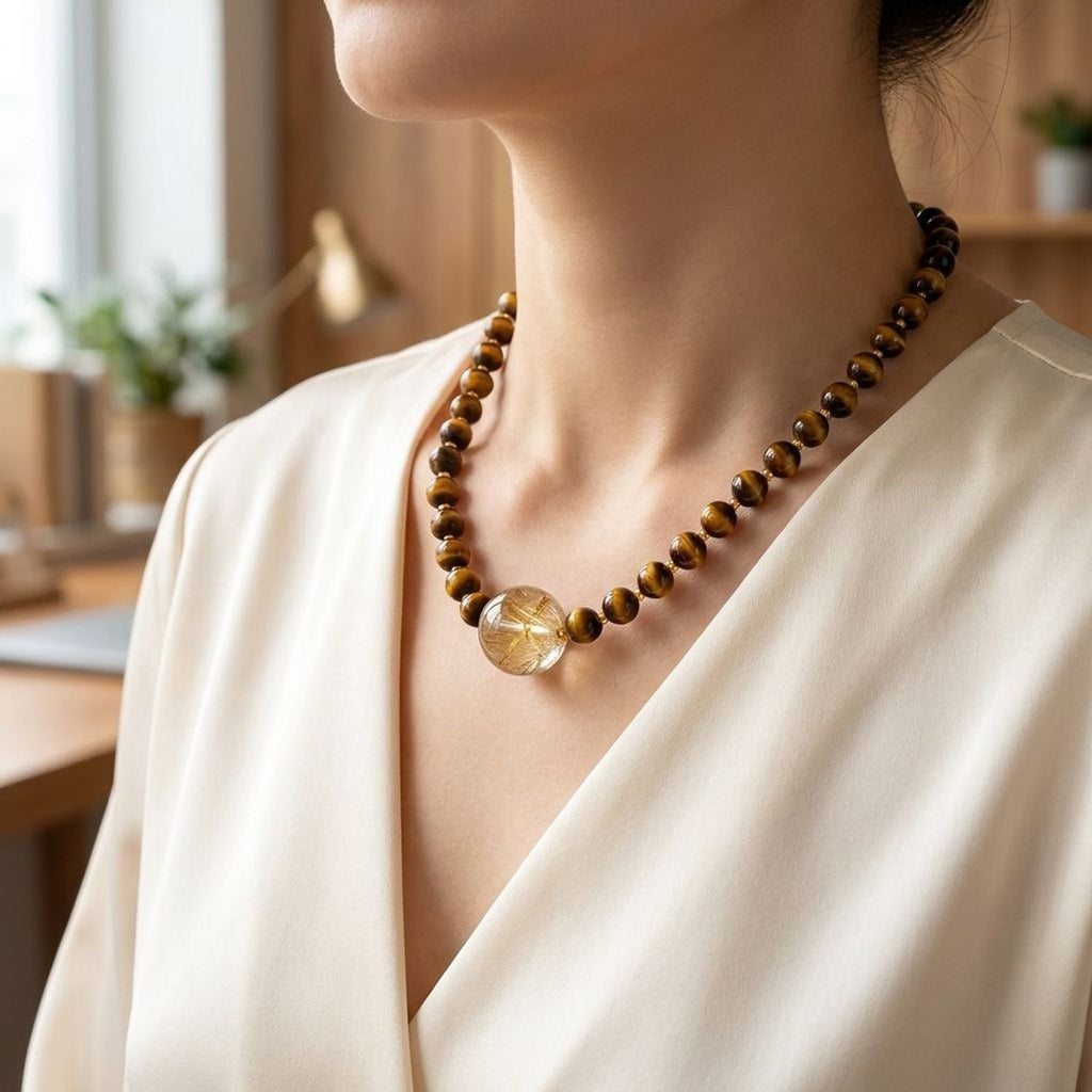 Natural Yellow Tiger's Eye Bead Pendant Necklaces for Women - Gemstone Jewelry Collarbone Chain — lifestyle