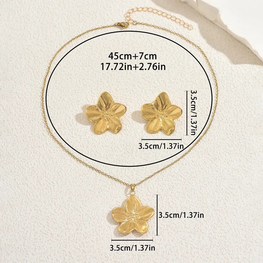 New Arrival Cross-border European American Women Jewelry Set, Geometric Electroplated Metal Floral Design Matching Flower Earrings & Necklace, Versatile Daily Neck Ear Ornaments