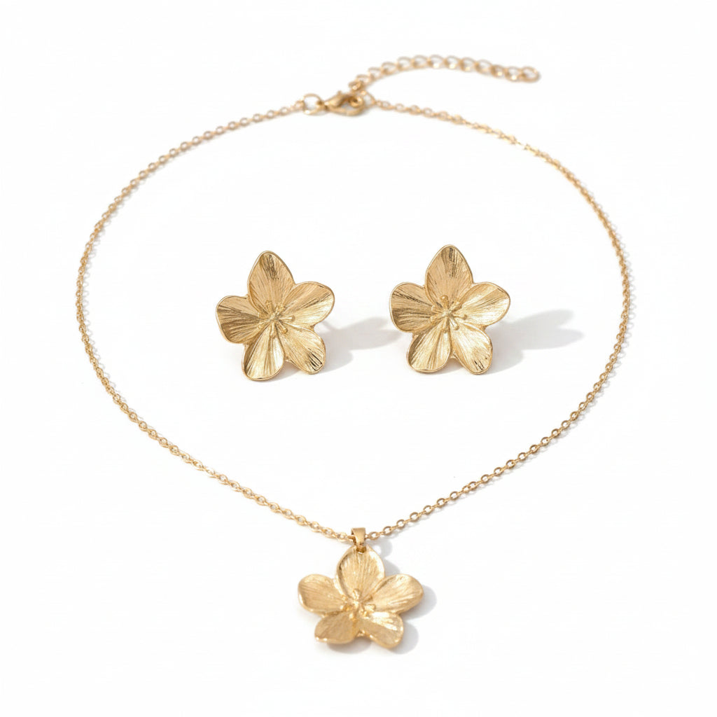 New Arrival Cross-border European American Women Jewelry Set, Geometric Electroplated Metal Floral Design Matching Flower Earrings & Necklace, Versatile Daily Neck Ear Ornaments