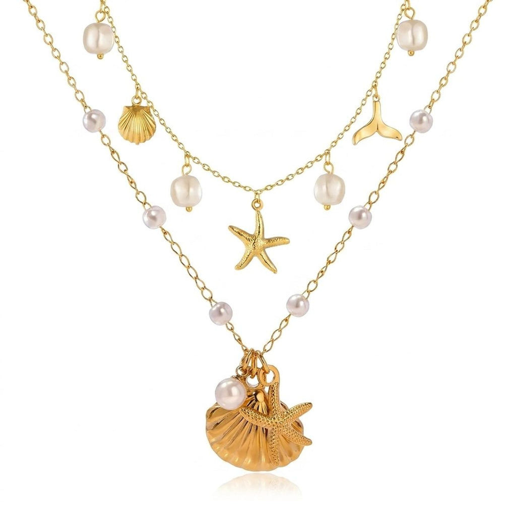 Ocean Pearl and Shell Charm Gold Jewelry Necklace in Stainless Steel — all variants
