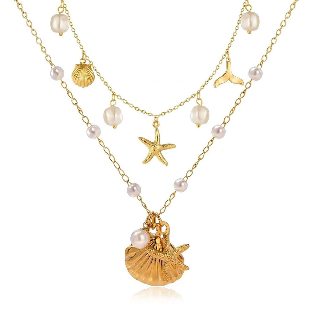 Ocean Pearl and Shell Charm Gold Jewelry Necklace in Stainless Steel — all variants