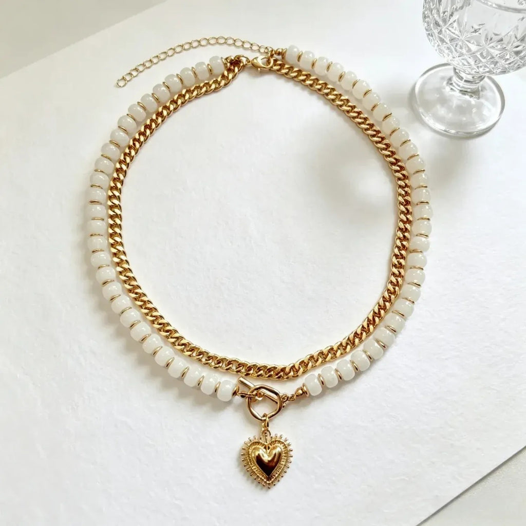 Colorful Beaded Heart Pendant Multi-Layer Necklace for Women