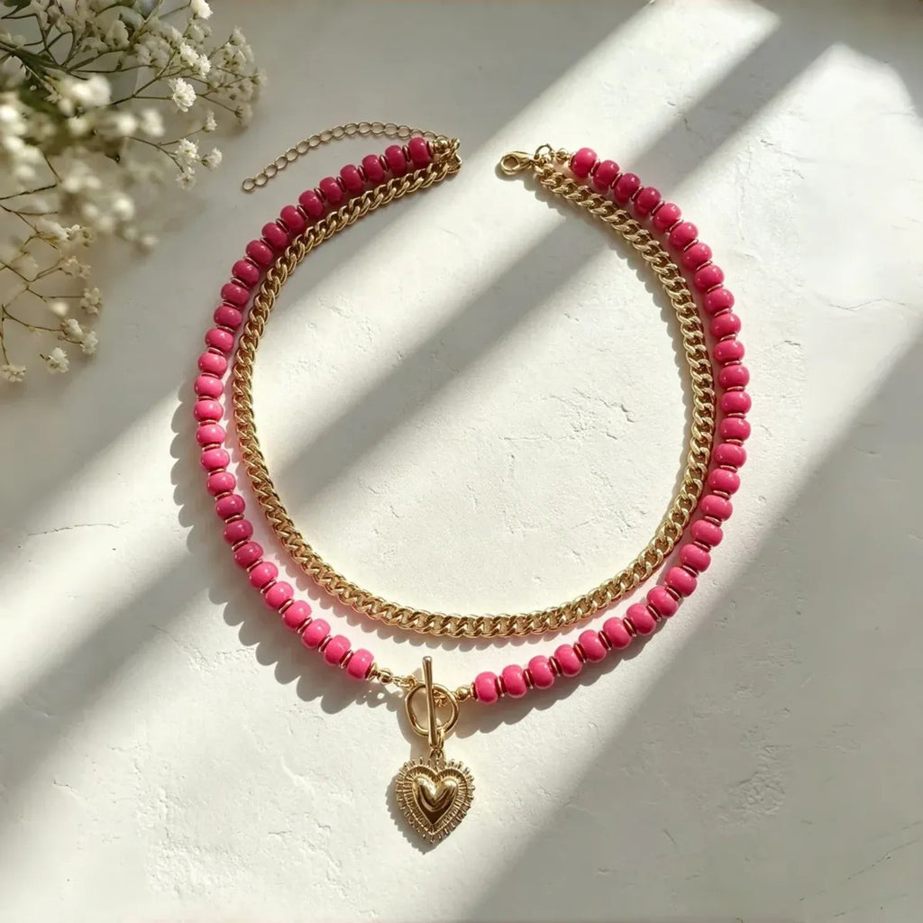 Colorful Beaded Heart Pendant Multi-Layer Necklace for Women