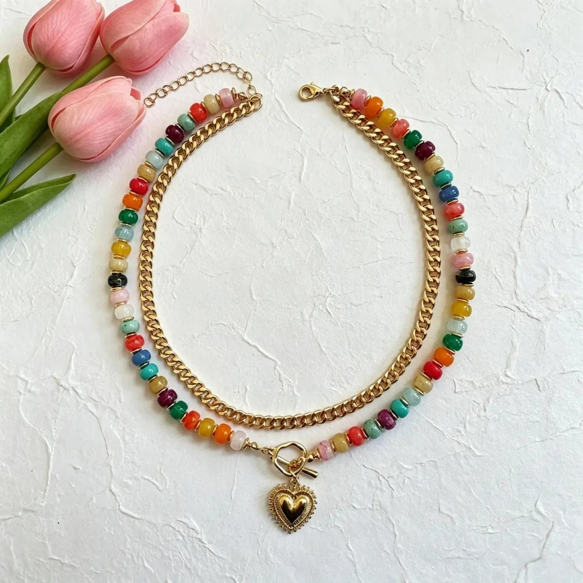 Colorful Beaded Heart Pendant Multi-Layer Necklace for Women