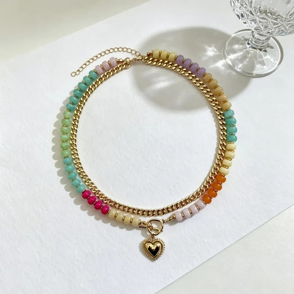 Colorful Beaded Heart Pendant Multi-Layer Necklace for Women