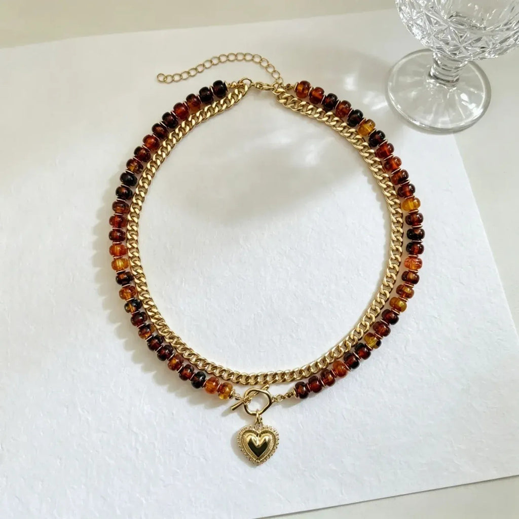 Colorful Beaded Heart Pendant Multi-Layer Necklace for Women