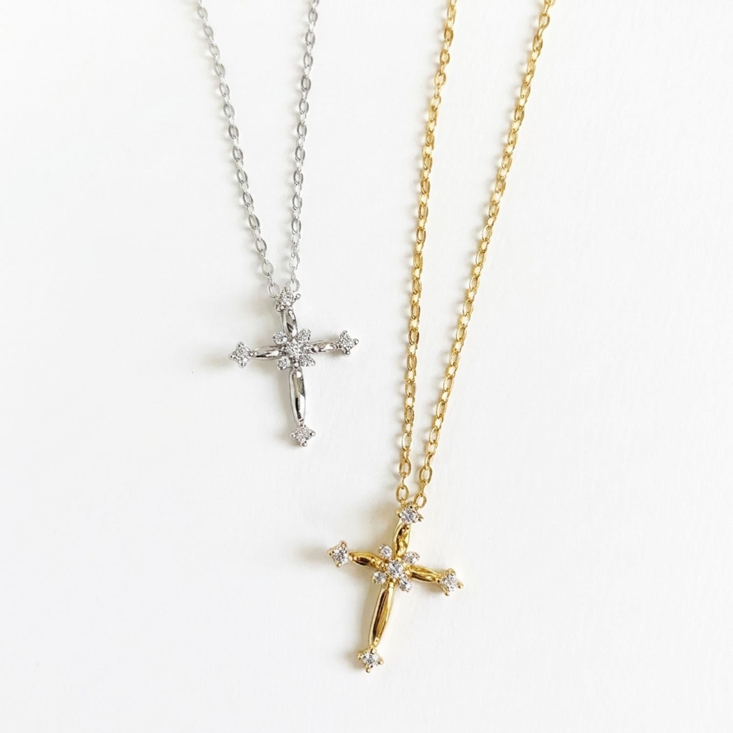 Pave Cross Collarbone Necklace, Cubic Zirconia Pendant Plated Gold Chain