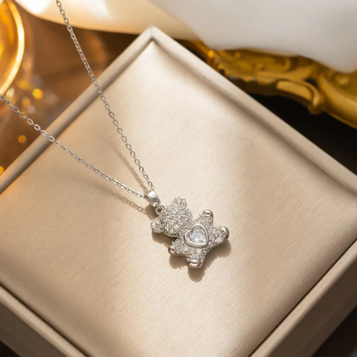 Playful Bear & Heart Necklace