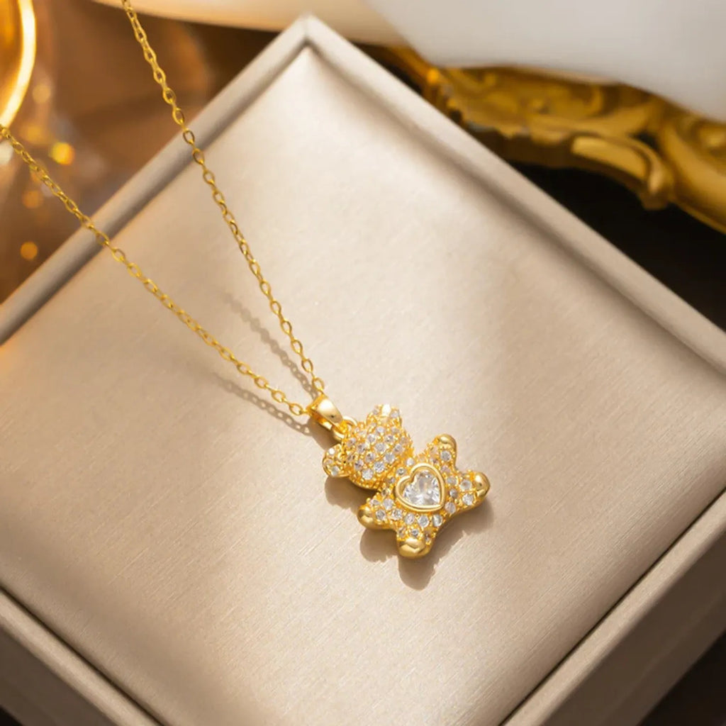 Playful Bear & Heart Necklace