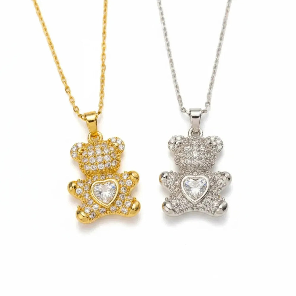 Playful Bear & Heart Pendant Necklace for Women - Collarbone Chain
