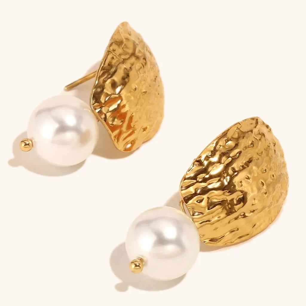 Pounded-texture Pearl Stud Earrings Stainless Steel