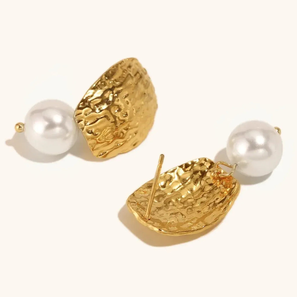 Pounded-texture Pearl Stud Earrings Stainless Steel