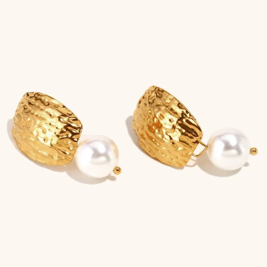 Pounded-texture Pearl Stud Earrings Stainless Steel