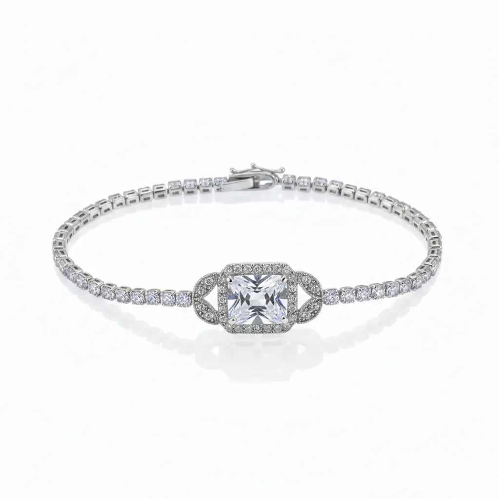 Princess Cut Cubic Zirconia Tennis Bracelet for Women - Plated Brass Evening Jewelry, White