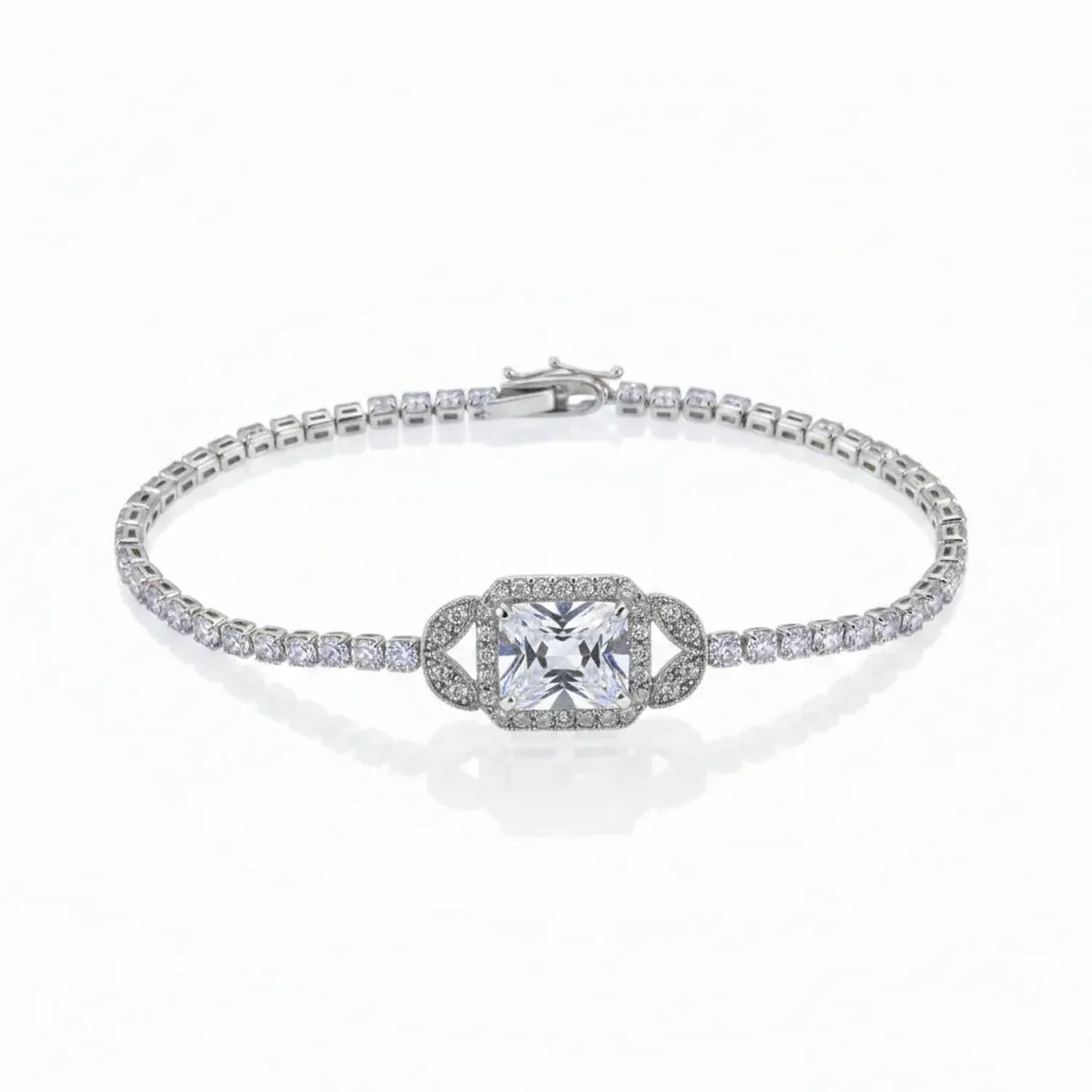 Princess Cut Cubic Zirconia Tennis Bracelet for Women - Plated Brass Evening Jewelry, White