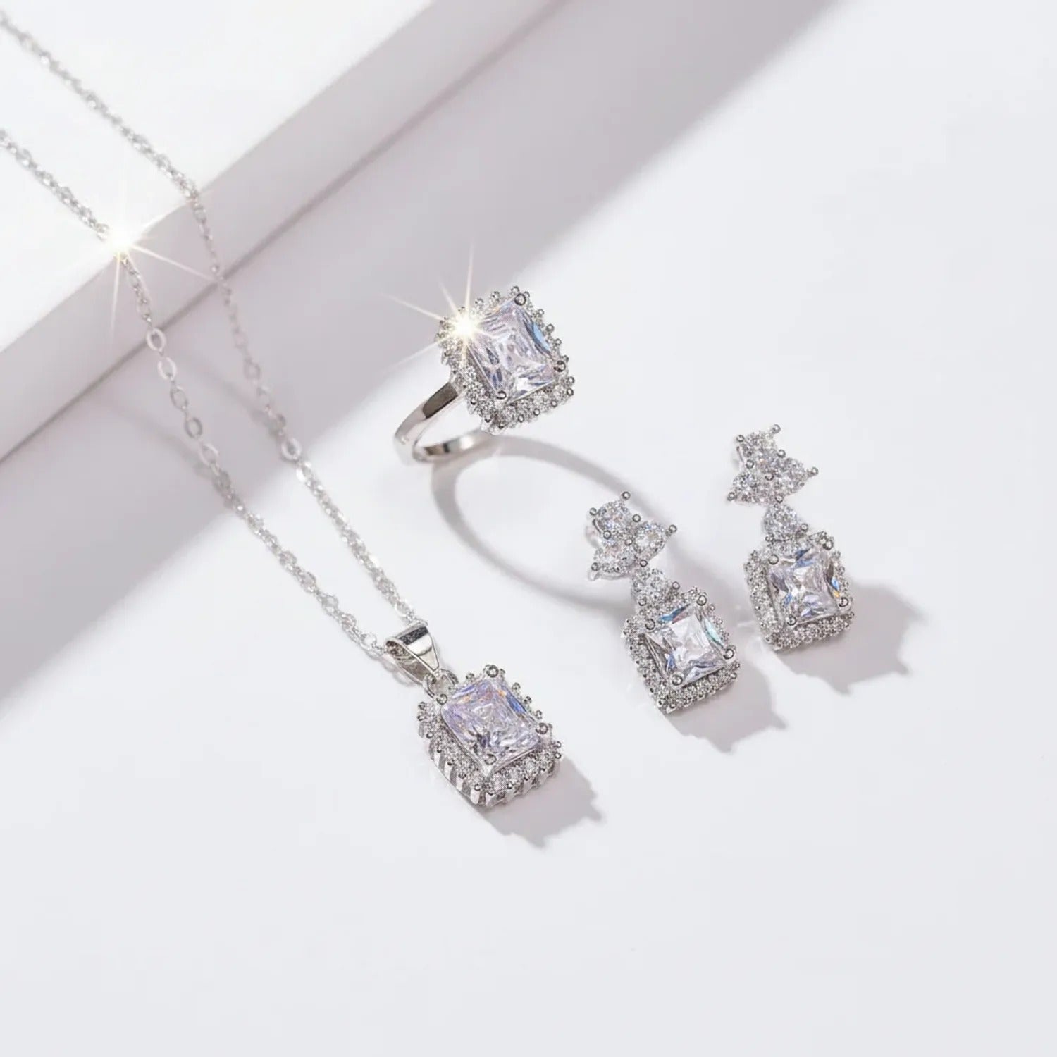 Princess Square Diamond Zircon Set — Earrings, Necklace & Ring