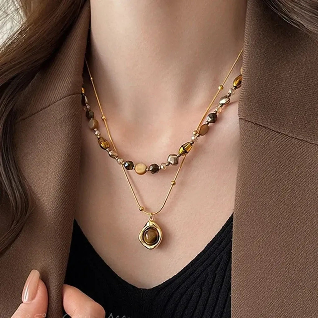 Natural Tiger Eye Stone Beaded Layered Necklace - Gold Necklace Women Styling Gold Chain Accent