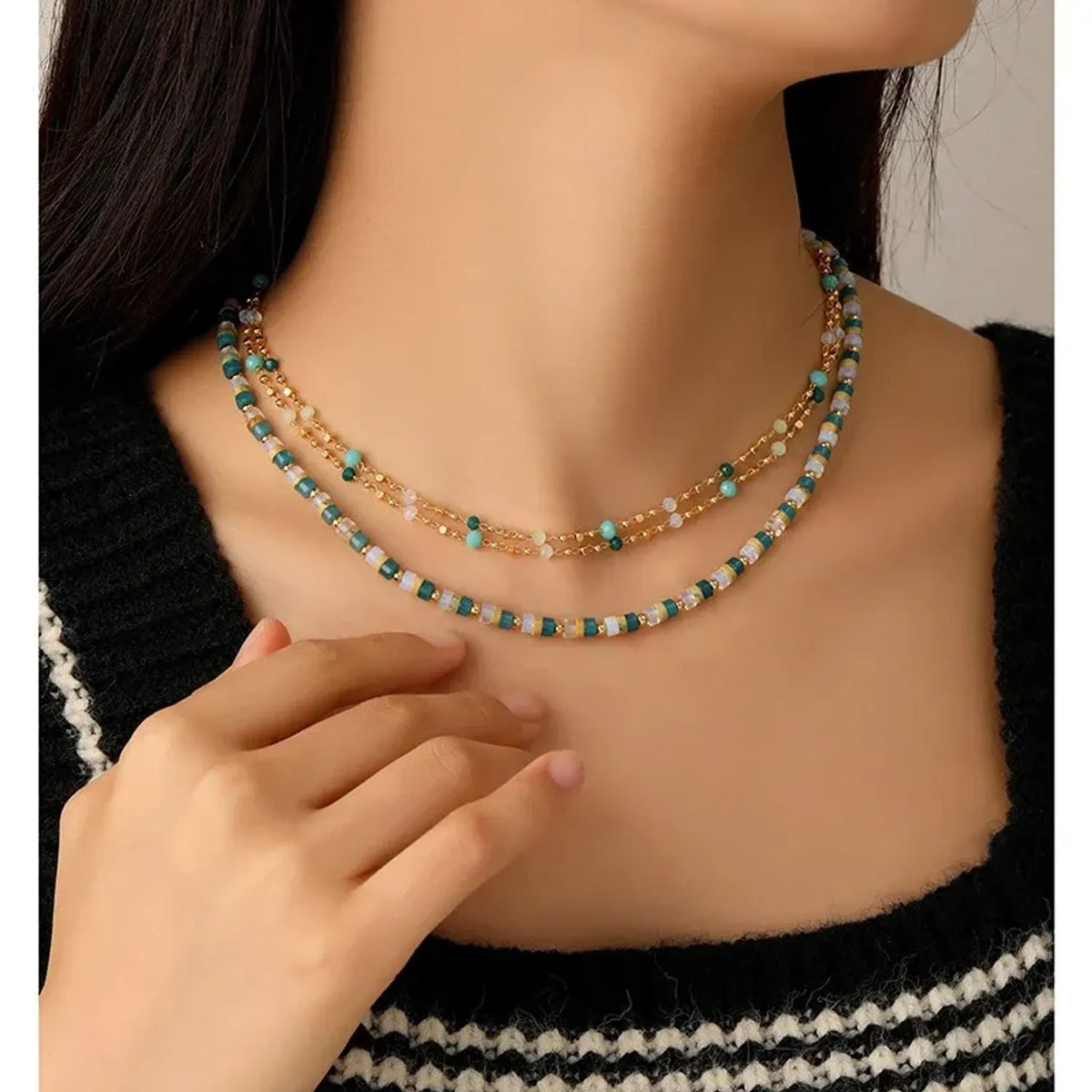 Korean Retro Natural Stone Beaded Necklaces for Women - Fine & Thick Strand Clavicle Chain