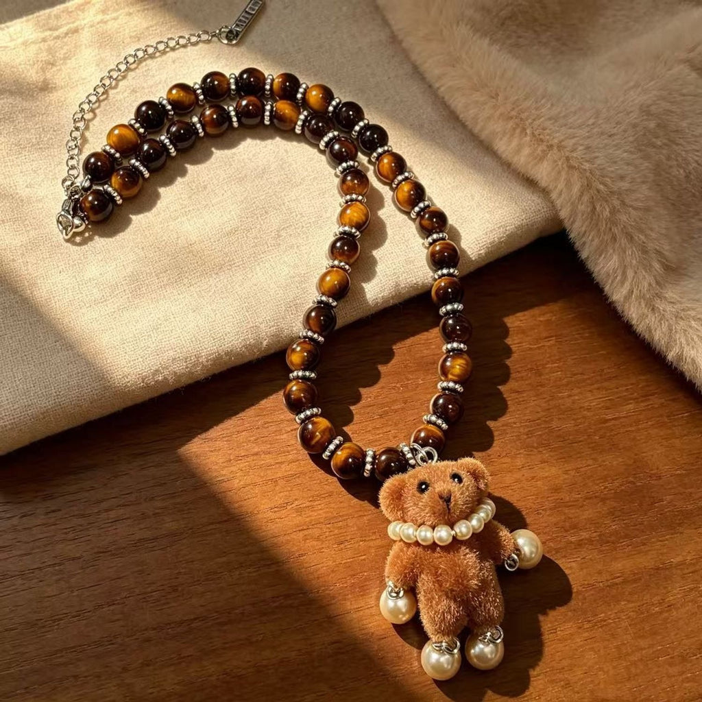 Teddy Bear Synthetic Tiger Eye Beaded Choker Necklaces for Women