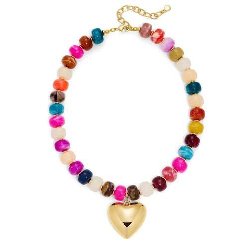 Gold heart pendant beaded statement necklace with acrylic and resin strand - view 2