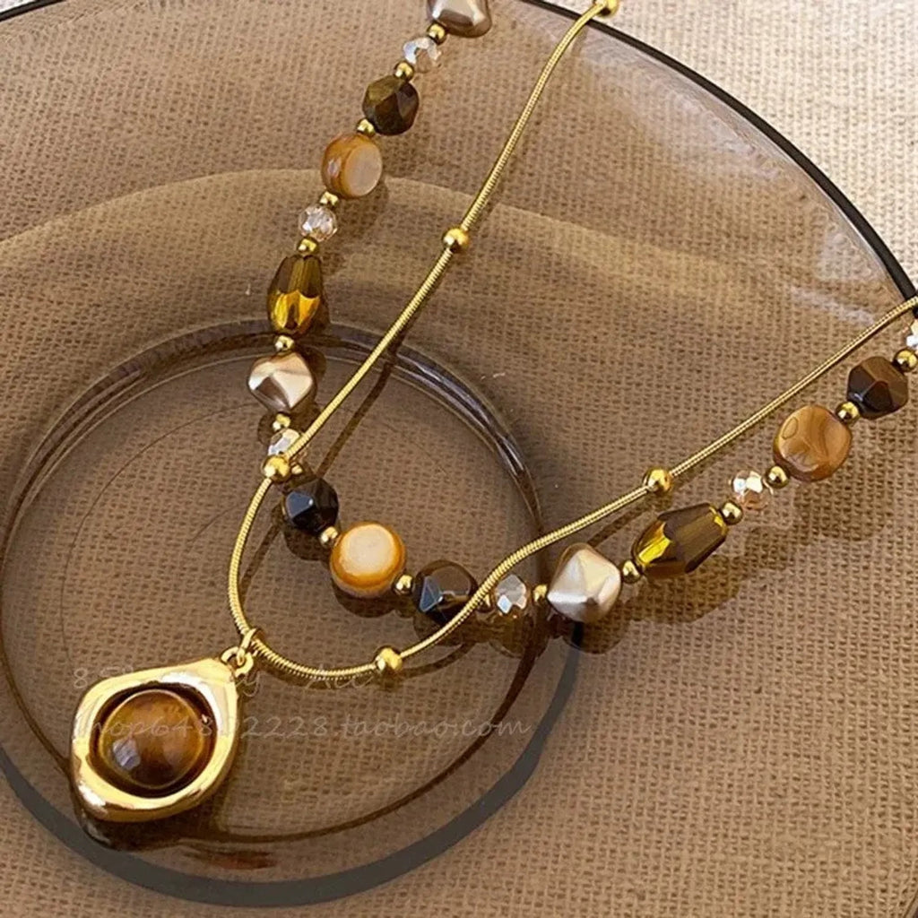 Natural Tiger Eye Stone Beaded Layered Necklace - Gold Necklace Women Styling Gold Chain Accent