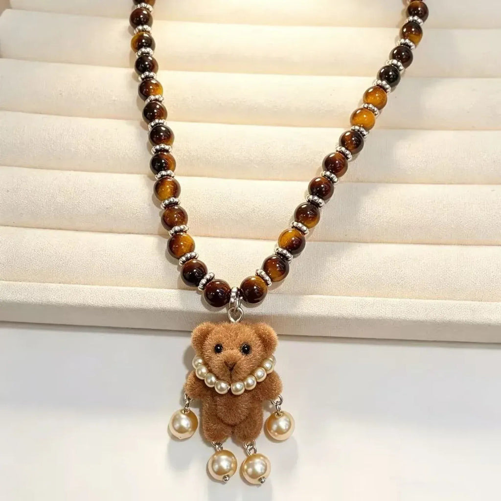 Teddy Bear Synthetic Tiger Eye Beaded Choker Necklaces for Women