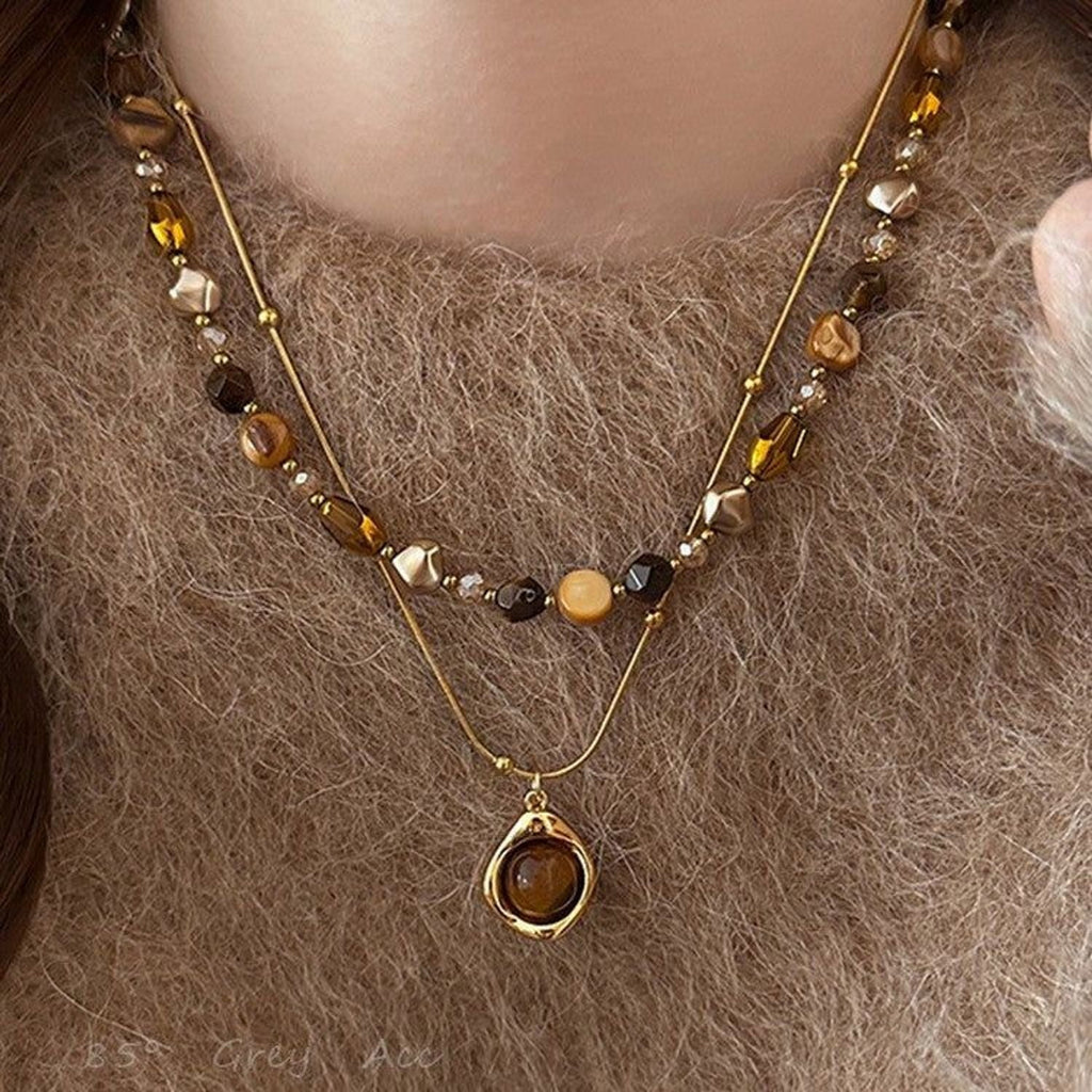 Natural Tiger Eye Stone Beaded Layered Necklace - Gold Necklace Women Styling Gold Chain Accent