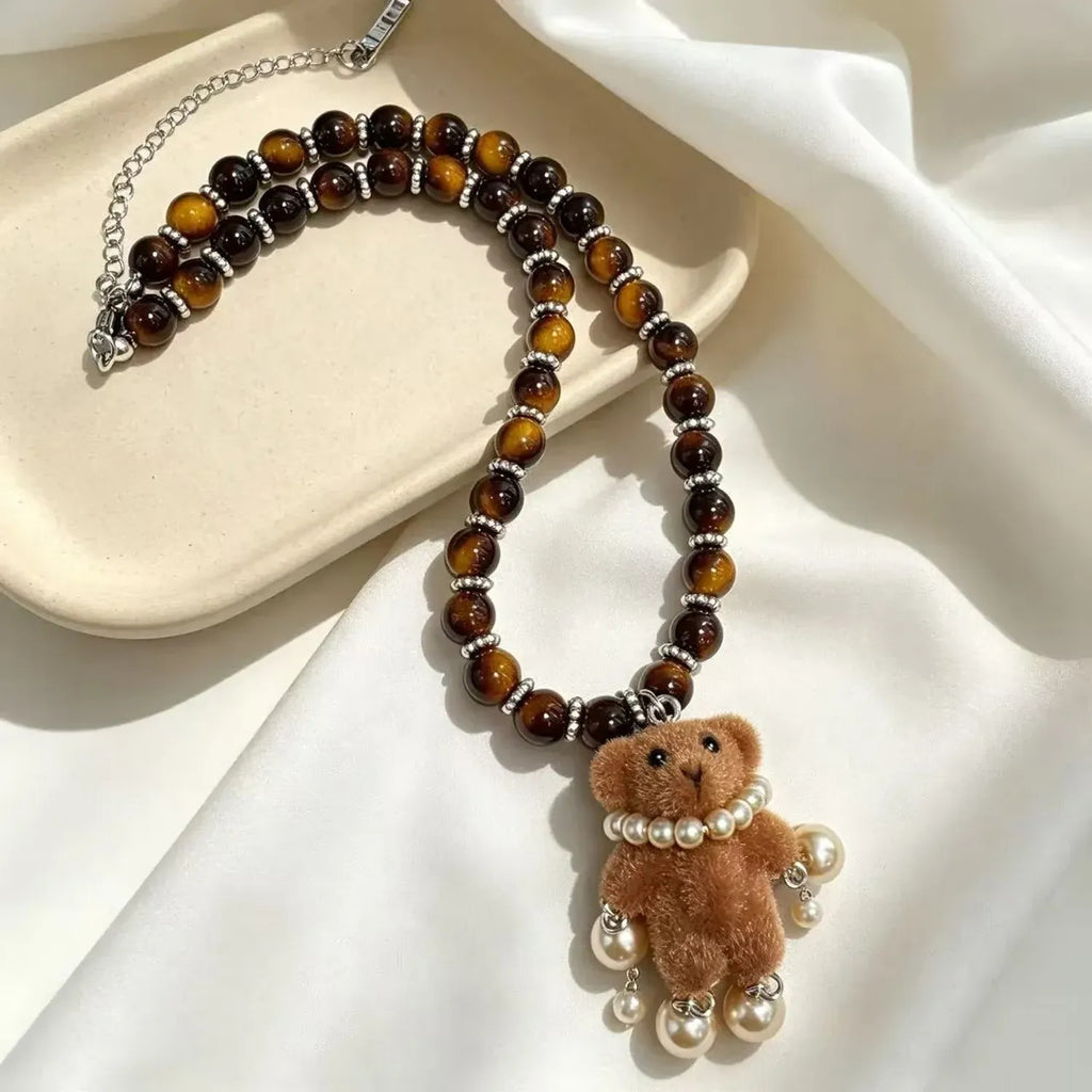 Teddy Bear Synthetic Tiger Eye Beaded Choker Necklaces for Women