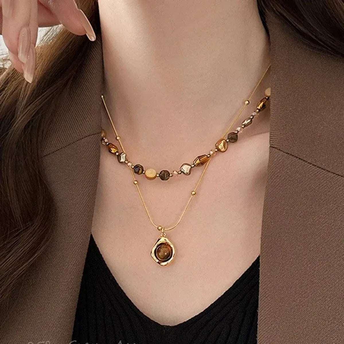 Natural Tiger Eye Stone Beaded Layered Necklace - Gold Necklace Women Styling Gold Chain Accent