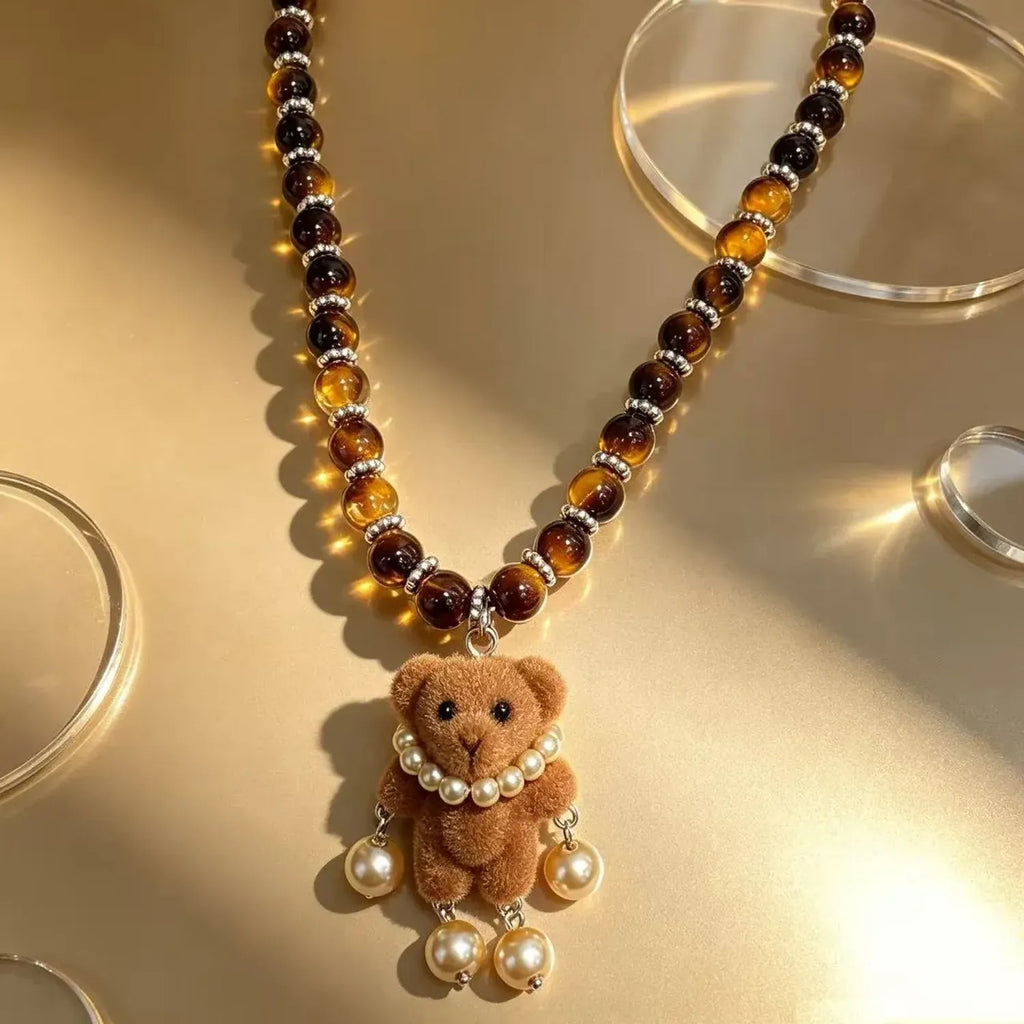 Teddy Bear Synthetic Tiger Eye Beaded Choker Necklaces for Women