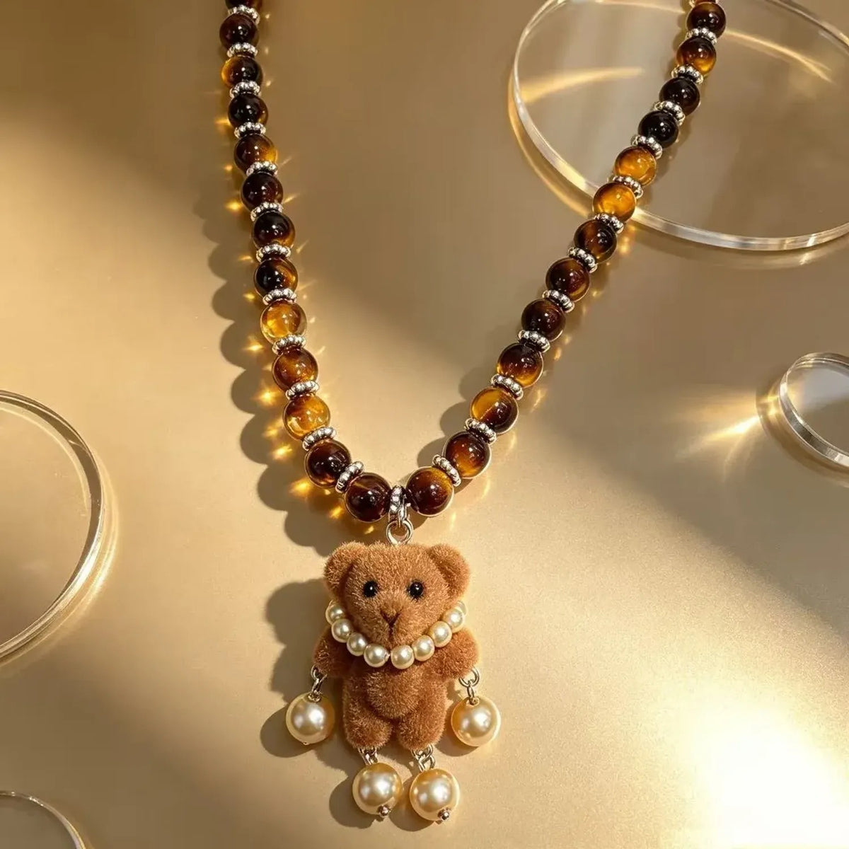 Teddy Bear Synthetic Tiger Eye Beaded Choker Necklaces for Women