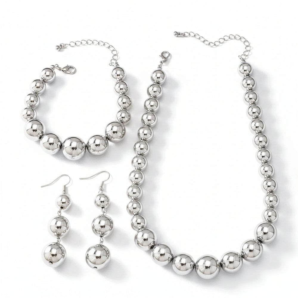 Silver-tone beaded necklace, bracelet and drop earrings 3-piece set