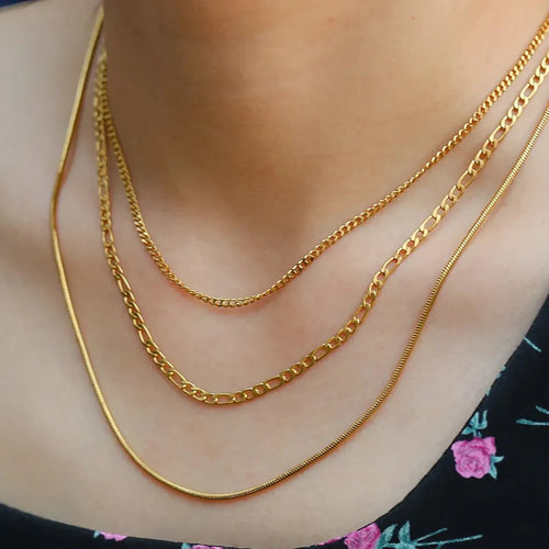 3-layer stainless steel snake and Cuban gold chain necklace set