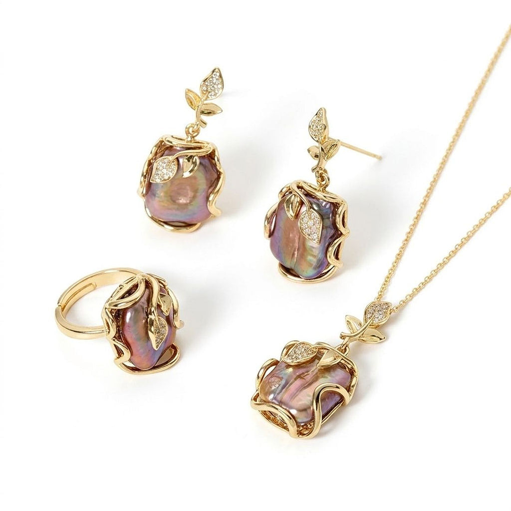 Purple Baroque Pearl Jewelry Set with 925 Sterling Silver Posts - Necklace, Earrings, Ring