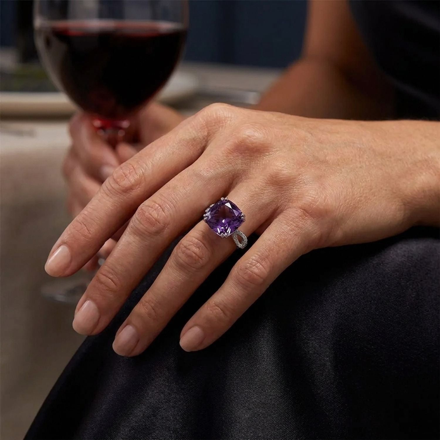 Purple Ice-Cut Crystal Square Ring with Satin Band, Adjustable Statement Jewelry — lifestyle