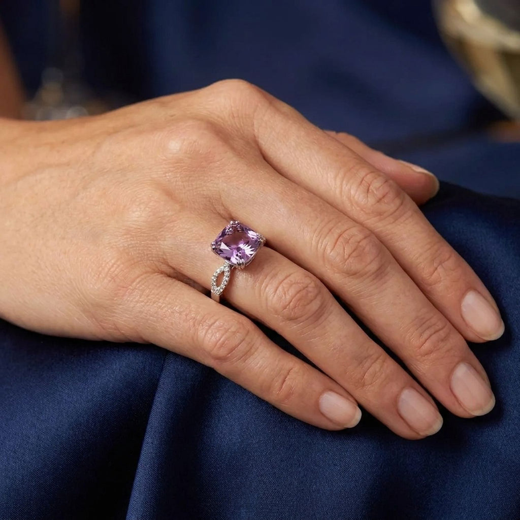 Purple Ice-Cut Crystal Square Ring with Satin Band, Adjustable Statement Jewelry — lifestyle