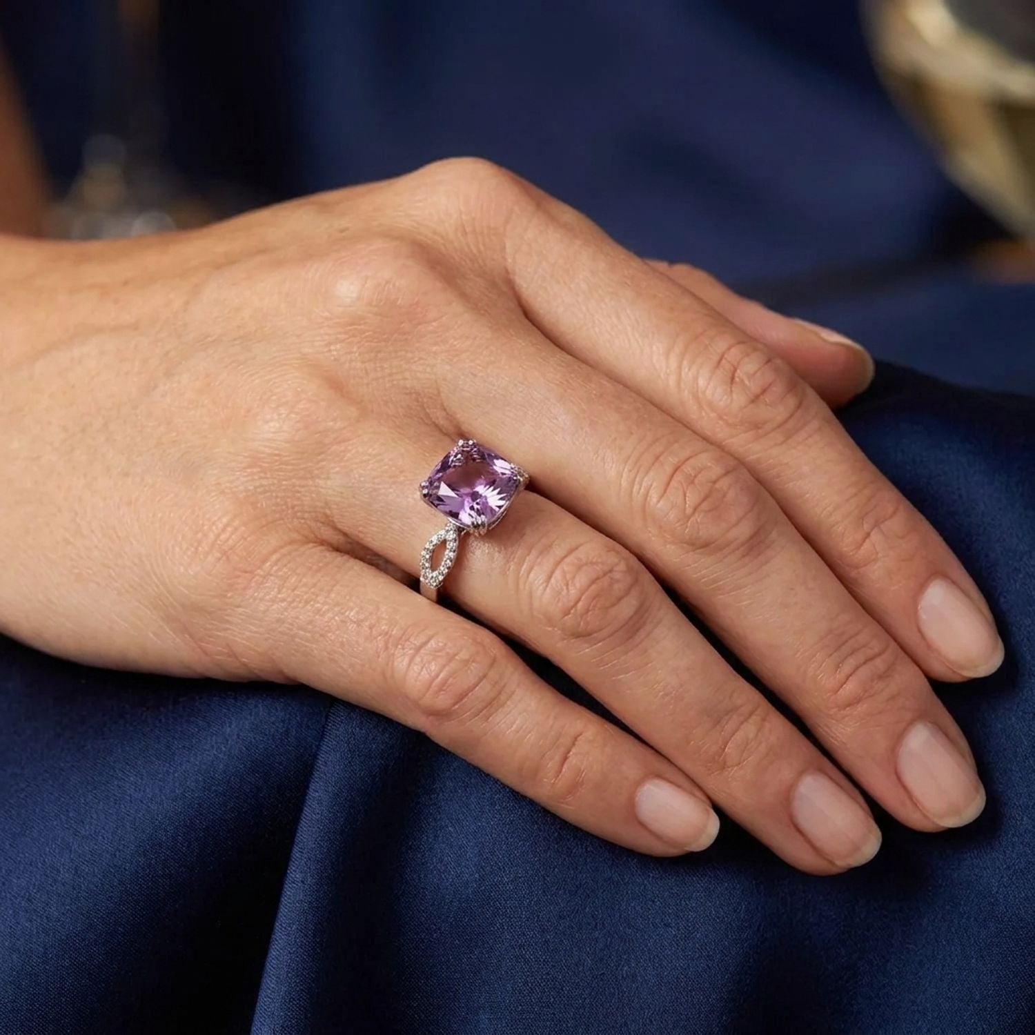 Purple Ice-Cut Crystal Square Ring with Satin Band, Adjustable Statement Jewelry — lifestyle