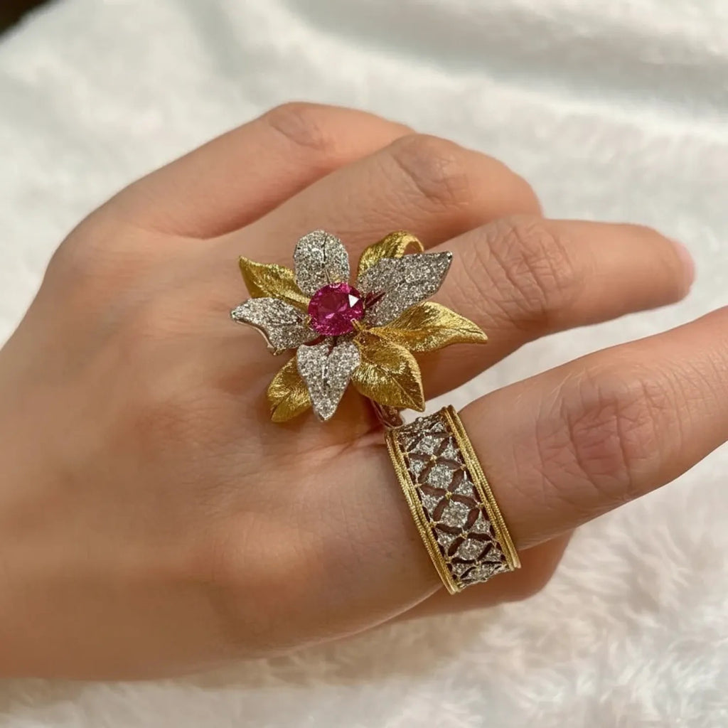 Red Corundum Flower Statement Ring