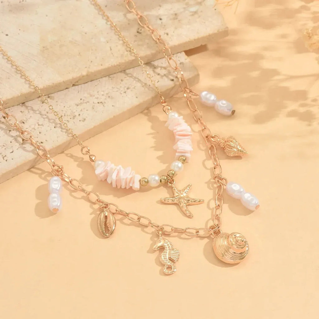 Resort-style Starfish Conch And Seahorse Pendant Necklace For Women
