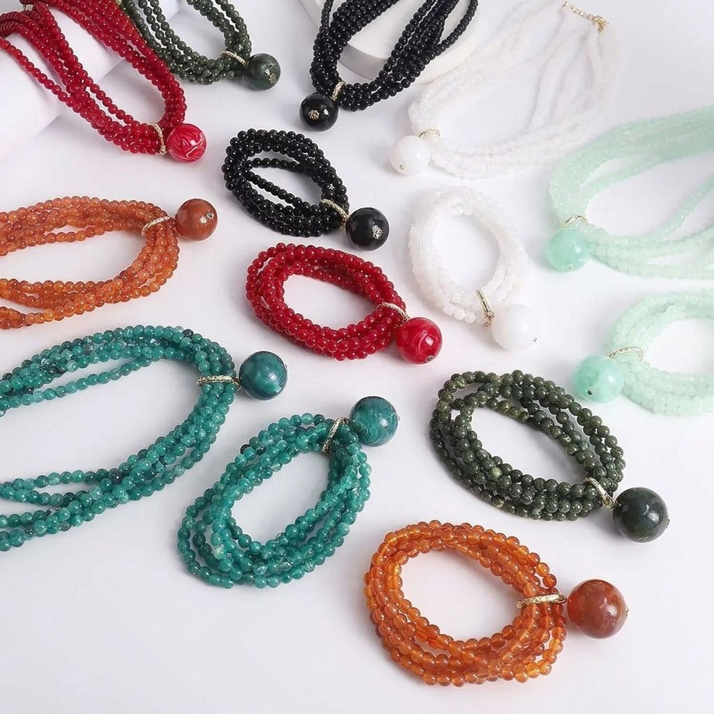 Retro Multilayer Resin Bead Necklace & Elastic Bracelet - Geometric Beaded Jewelry