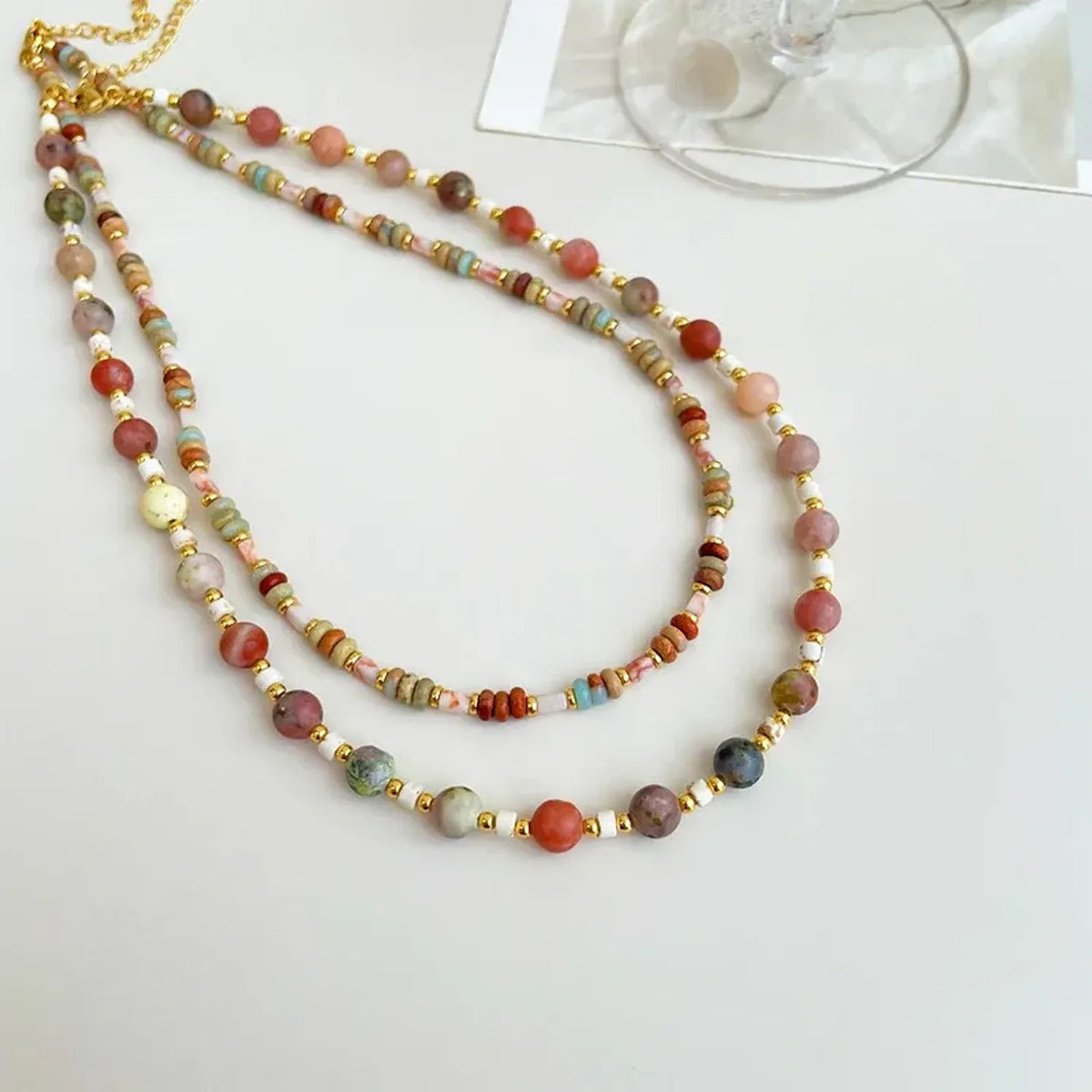 Retro Natural Stone Beaded Layered Collarbone Necklace for Women