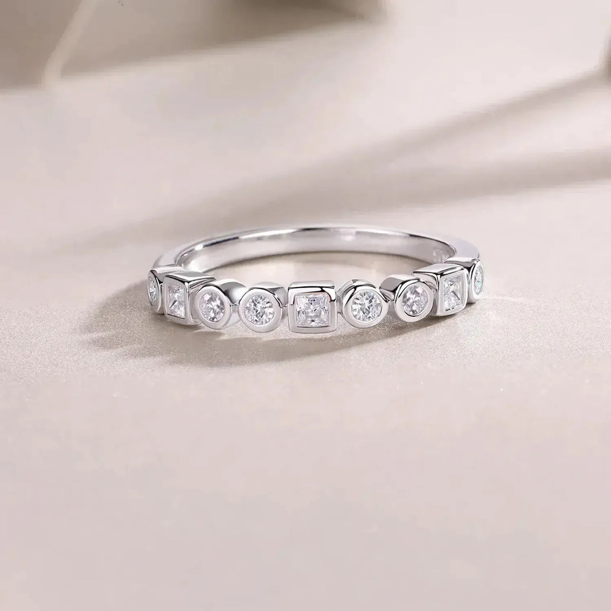 S925 Silver Moissanite Ring, Bezel Set Half Eternity Band, US 5-9