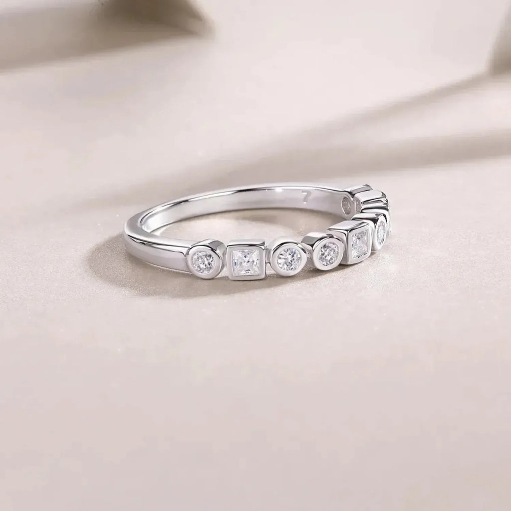 S925 Silver Moissanite Ring, Bezel Set Half Eternity Band, US 5-9