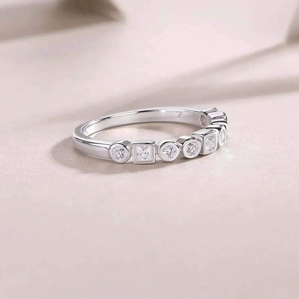 S925 Silver Moissanite Ring, Bezel Set Half Eternity Band, US 5-9