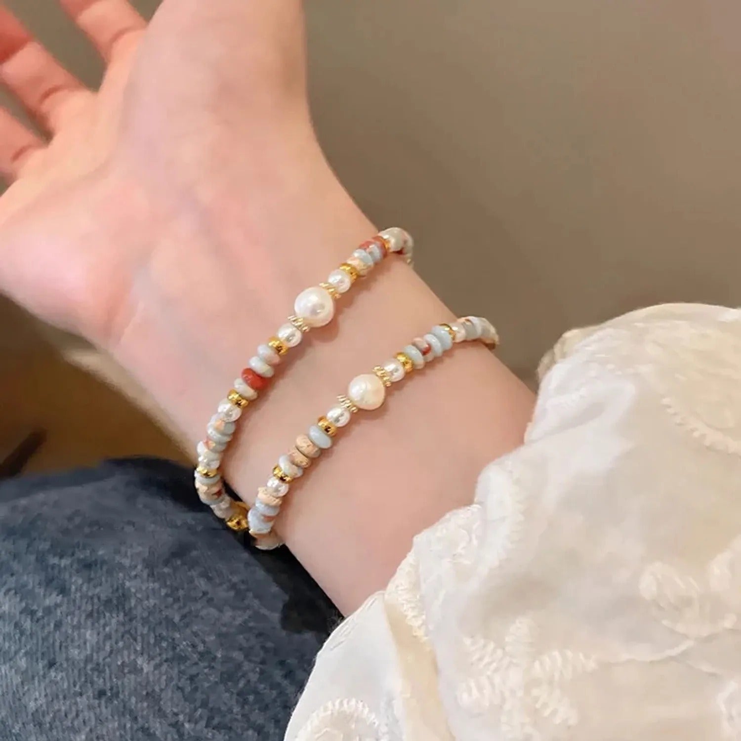 Shoushan Stone & Freshwater Pearl Double-Layer Bracelet