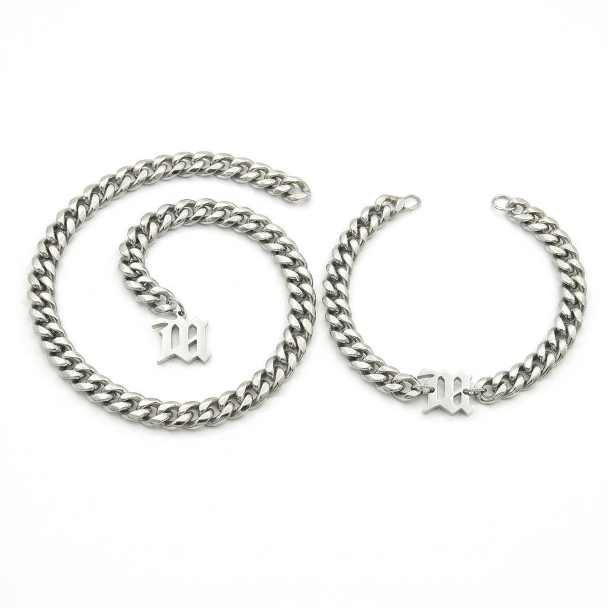 Silver Titanium Steel Bold Cuban Link Chain Jewelry Set - Necklace & Bracelet — all variants