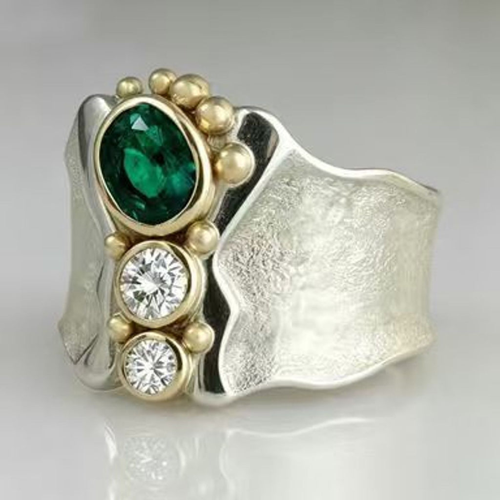 Silver Wide-band Ring Inlaid With Green Zircons High-end And Niche Style